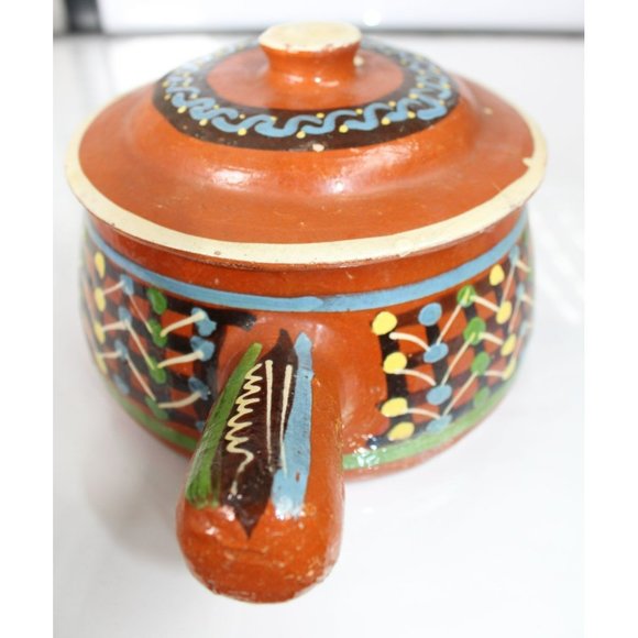 Vintage Mexican Tlaquepaque Hand Painted Red Clay Handled Pot - Picture 2 of 7